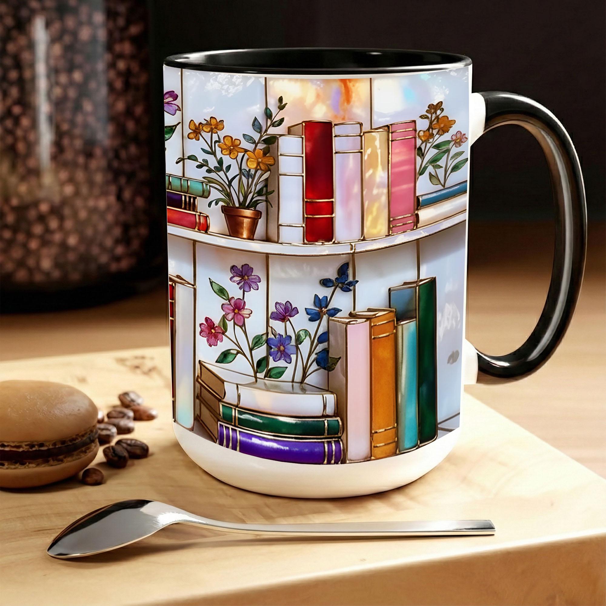 Stained Glass Book Lover Mug Floral Cottagecore Bookshelf Design Colorful Reading Bookish Cup 15oz Ceramic, Handle Color Mug