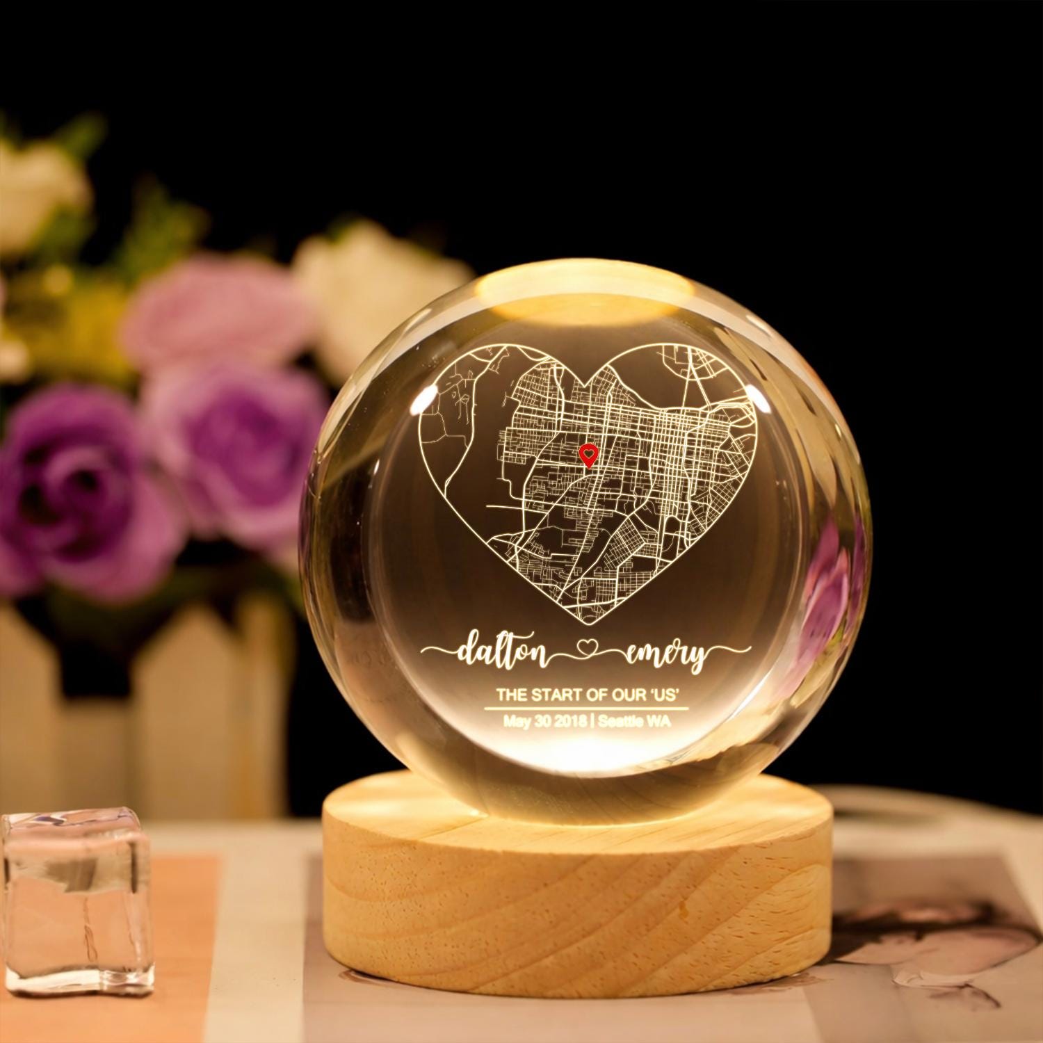 Custom Couple Map Crystal Ball LED Night Light, Personalized Where It All Began Location Gift, Romantic First Date Keepsake for Him or Her
