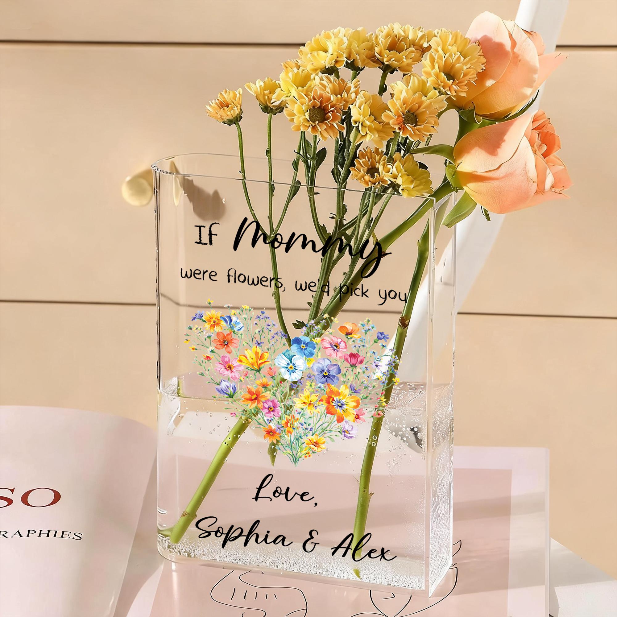 Personalized Wildflower Vase for Mom, If Mothers Were Flowers We Would Pick You, Custom Name Clear Book Vase, Mother's Day Gift From Kids