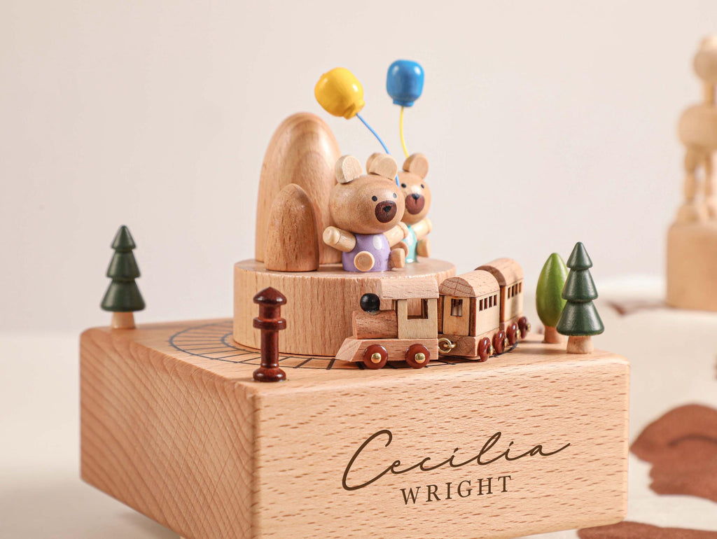 Bear Paradise Train Birthday Music Box, Custom Wooden Handmade Music Box, 1st Birthday, Personalised Music Box Gift, Newborn Gift, Christmas