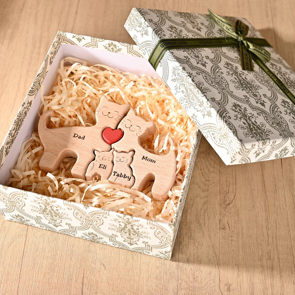 Personalized Cat Gifts for 2-6, Wooden Cat Family Puzzle, Carved Wood Cat, Anniversary Gift for Mom, New Mum Gift, Wife Christmas Present