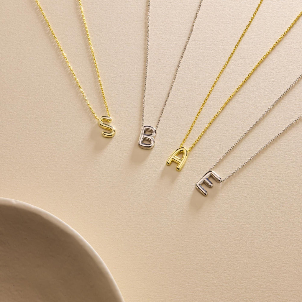 Sterling Silver 3D Bubble Initial Necklace – Custom Letter Pendant, 3D Bubble Letter Necklace, Solid 925 Silver Initial Pendant