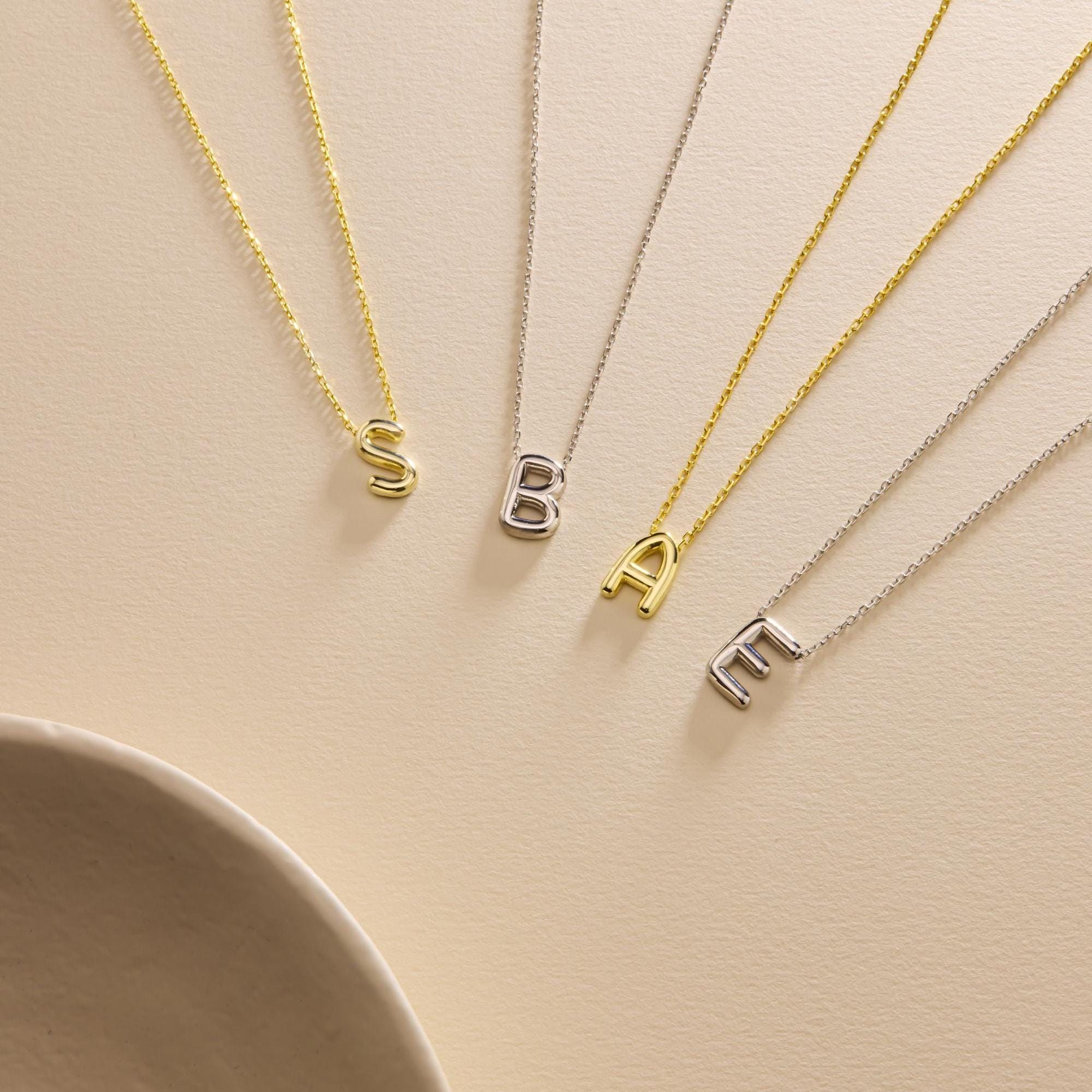 Sterling Silver 3D Bubble Initial Necklace – Custom Letter Pendant, 3D Bubble Letter Necklace, Solid 925 Silver Initial Pendant