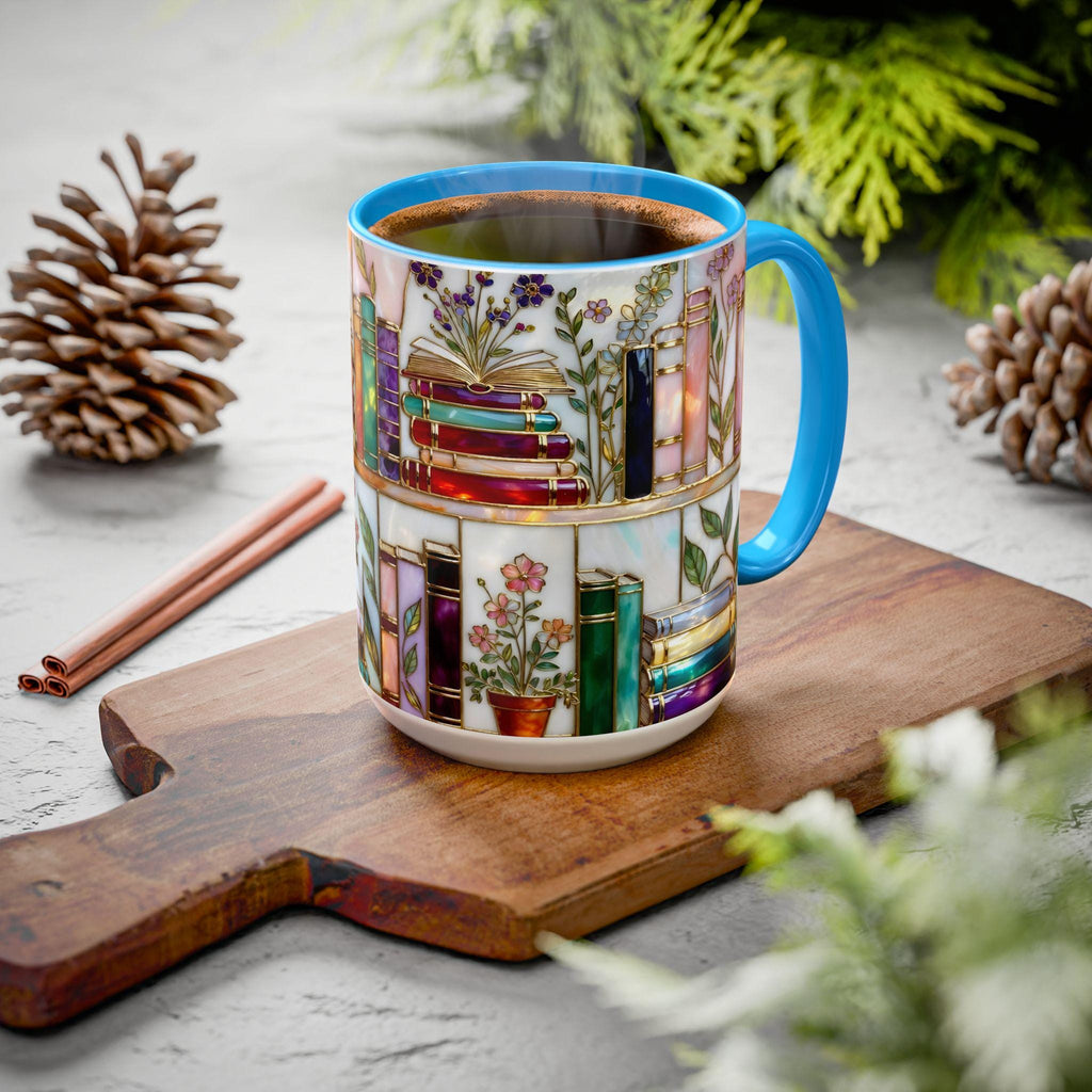 Stained-Glass Style Floral Bookshelf Mug, Book Lover Gift, Bookish Mug, Library Cup 11oz 15oz, bookshelf mug gift
