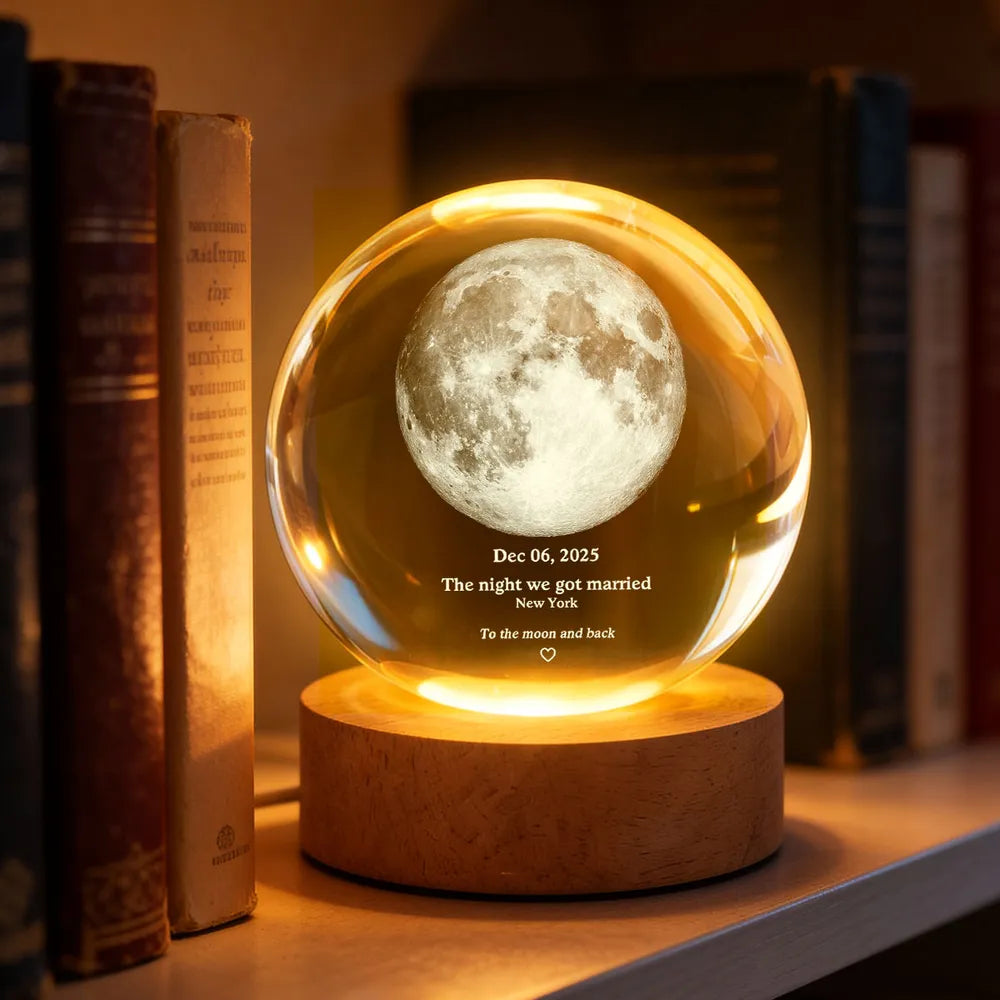 Couple Love to the Moon and Back Moon Phase by Date - Personalized Cry, Personalized Crystal Ball LED Night Light, Valentine's Day Gift For Couple, Husband, Boyfriend, Wife