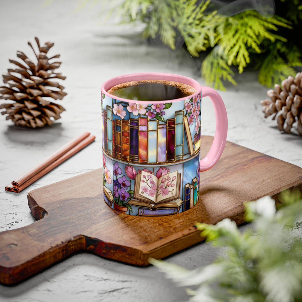 Book Lover Mug, Floral Bookshelf Coffee Mug, Gift for Readers, Stained Glass Style Mug, Bookish Aesthetic Mug, Library Coffee Cup