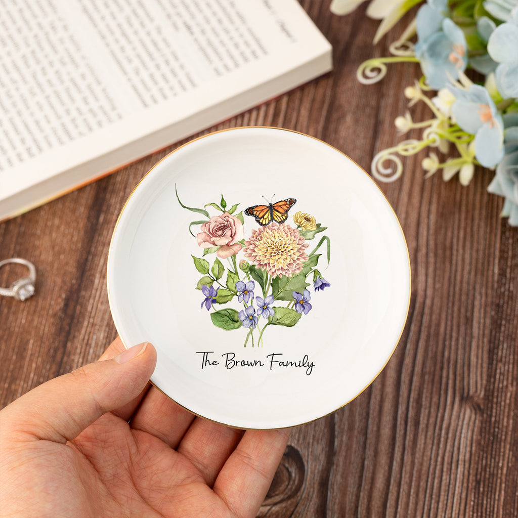 Personalized Birth Flower Jewelry Dish,family Flower Bouquet Ring Dish,wedding Gifts,birthday Jewelry Dish Gift for Mom,bridesmaid Gifts