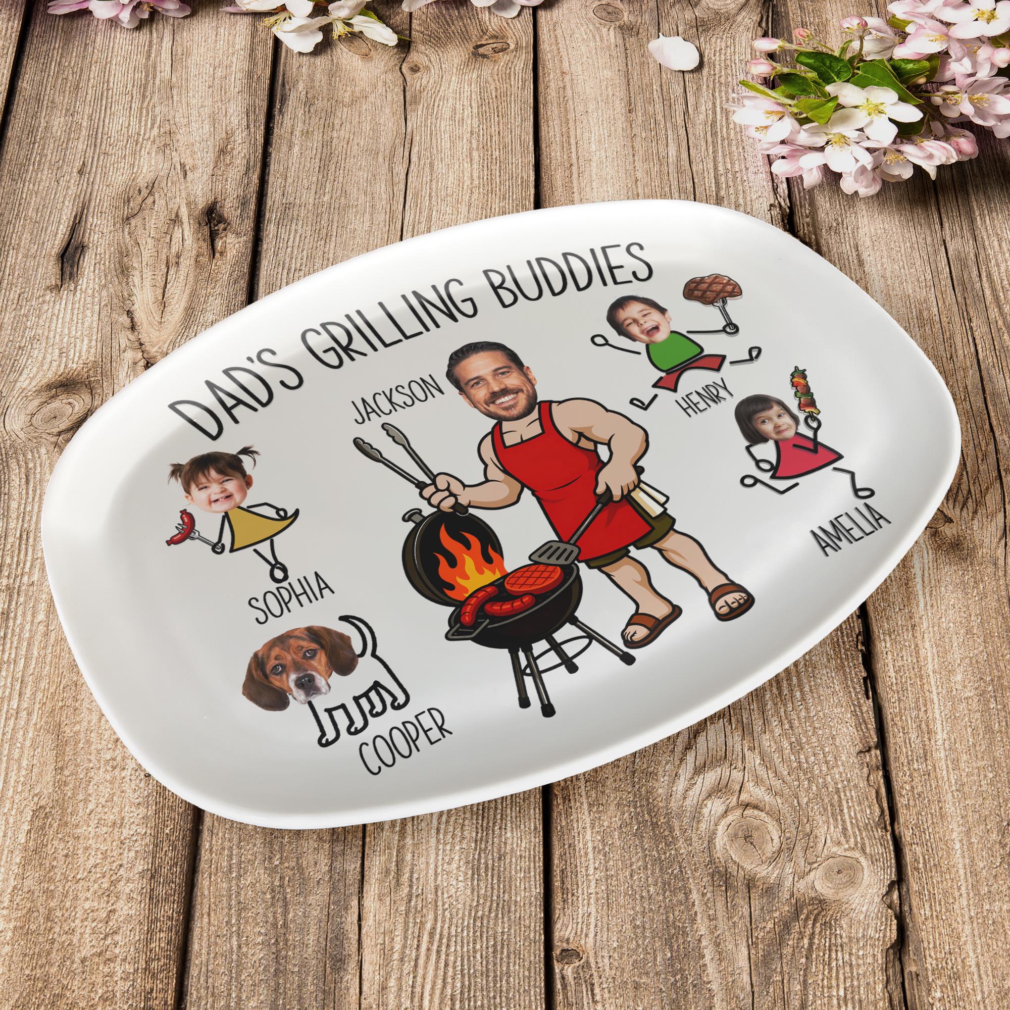 Custom Dad & Kid Funny Grilling Plate, Personalized Father's Day Gift for Husband, Grandpa BBQ Platter, Cooking Dish for Him Serving Tray