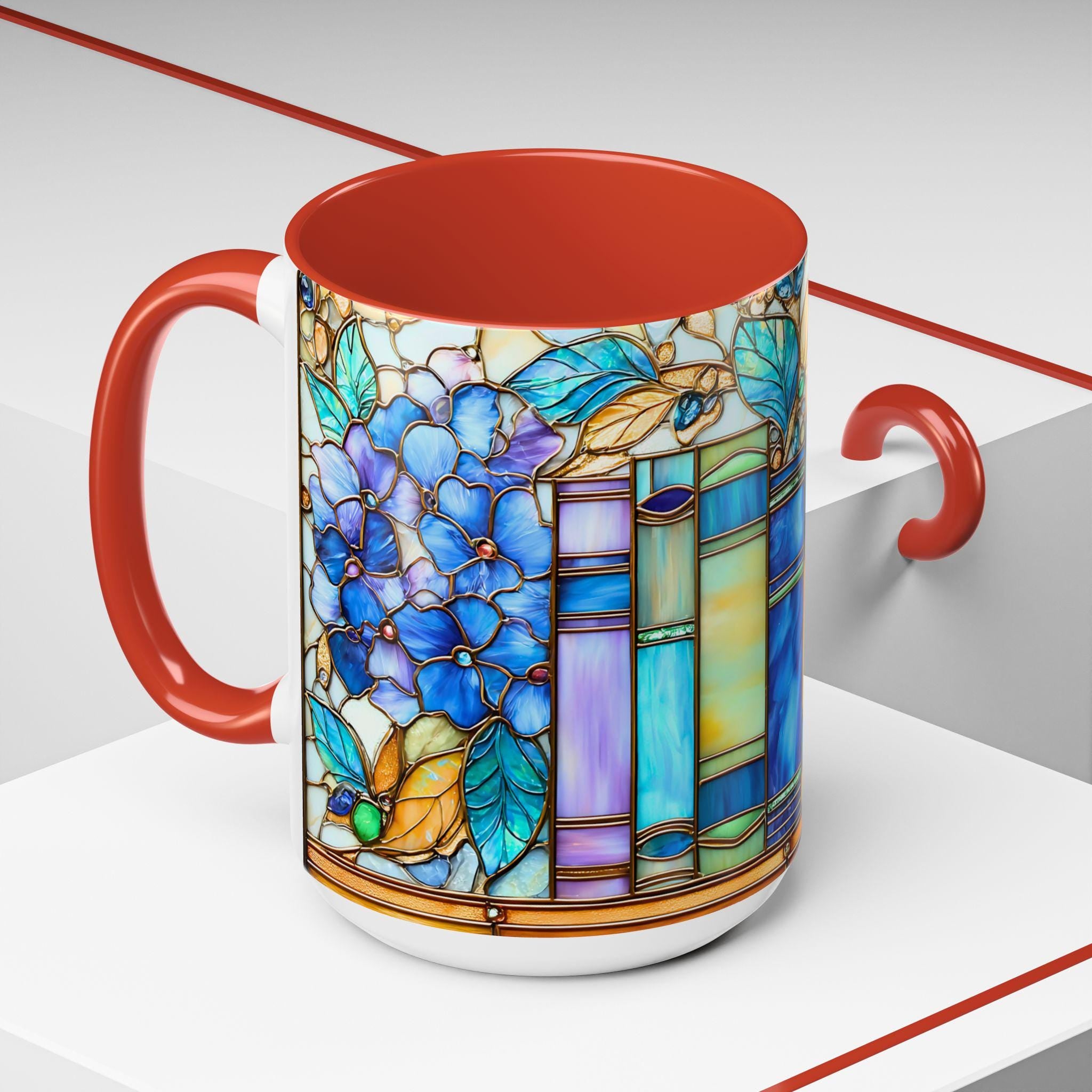 Floral Bookshelf Coffee Mug_ Faux Stained Glass Ceramic Bookish Cup Ceramic Drinkware Book Lovers