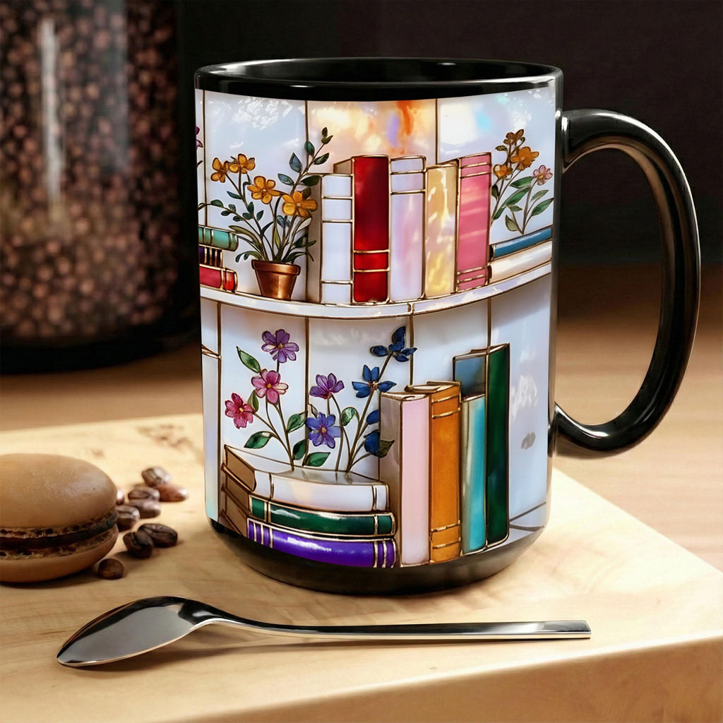 Stained Glass Book Lover Mug Floral Cottagecore Bookshelf Design Colorful Reading Bookish Cup 15oz Ceramic, Handle Color Mug