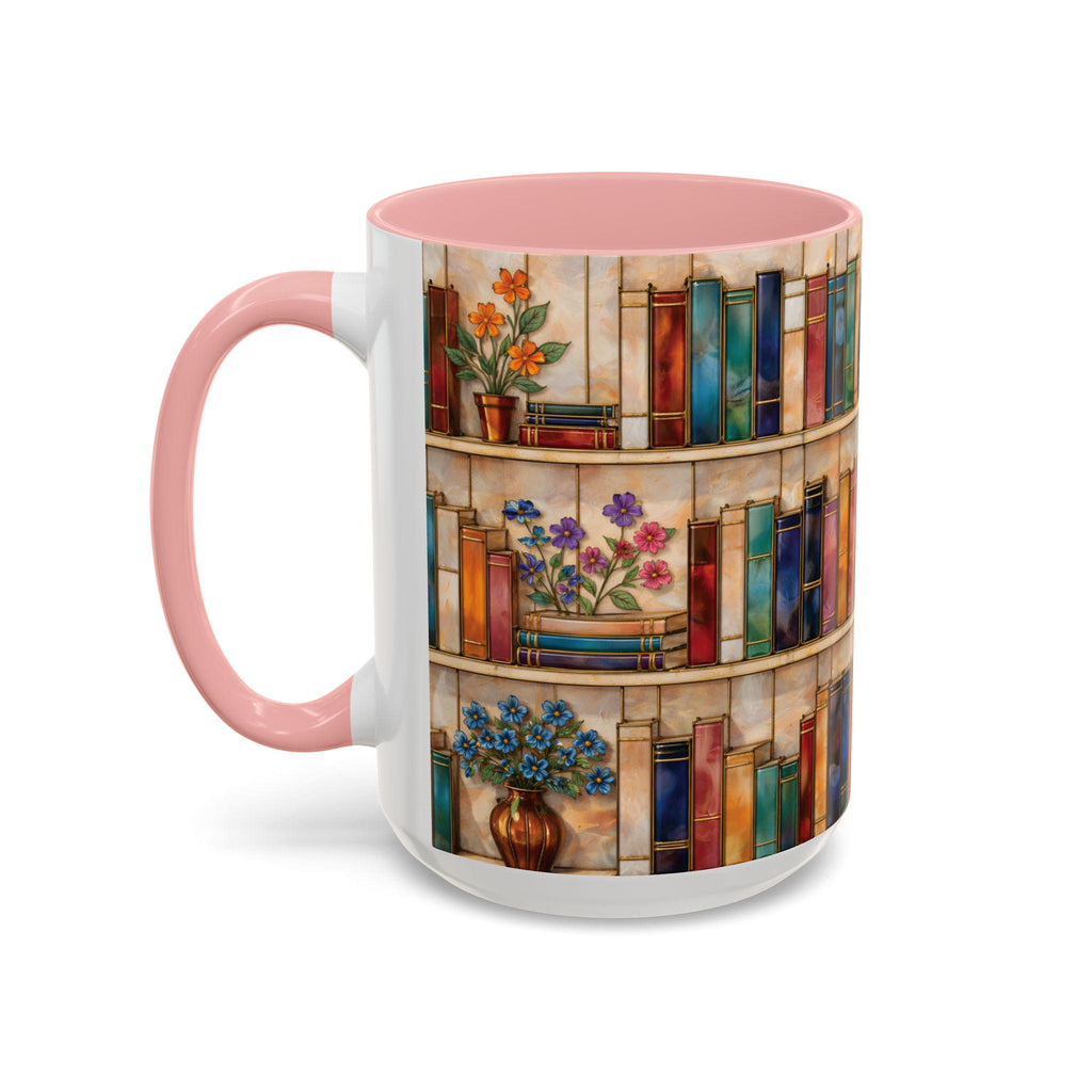 Bookshelf Coffee Mug, Floral Book Lover Gift, Bookish Stained-glass Style Mug, Modern Ceramic Mug – Elevate Your Coffee Time