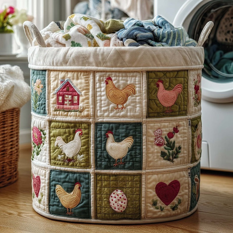 Chicken Print Quilted Storage Basket, Large Fabric Laundry Hamper with Handles, Farmhouse Clothes Bin for Bedroom & Laundry Room