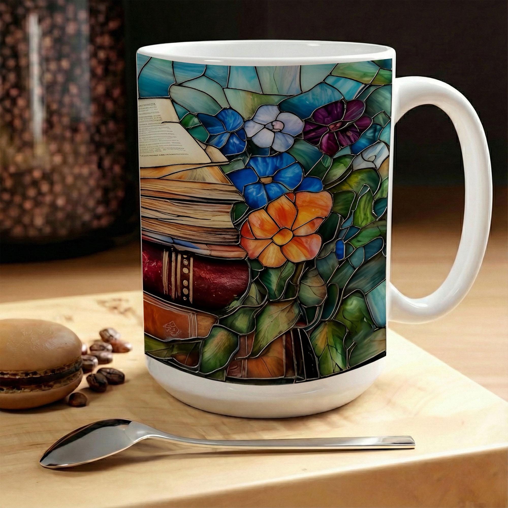 Stained Glass Book Lover Mug Floral Cottagecore Bookshelf Design Colorful Reading Bookish Cup 15oz Ceramic, Handle Color Mug