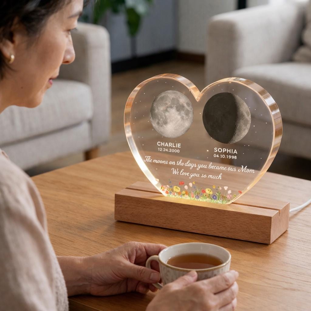 The Days You Became Our Mom, Custom Moon Phase by Date - Personalized Acrylic LED Night Light in heart shape - Heartfelt Mother's Day Gift for Mom