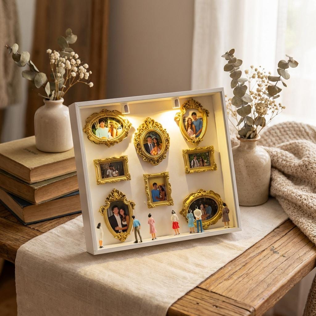 DIY Mini Museum Silhouette Box, LED Lighted Photo Shadow Box, Gold Vintage Frames with Mini Figurines, Personalized Memory Display Box,
