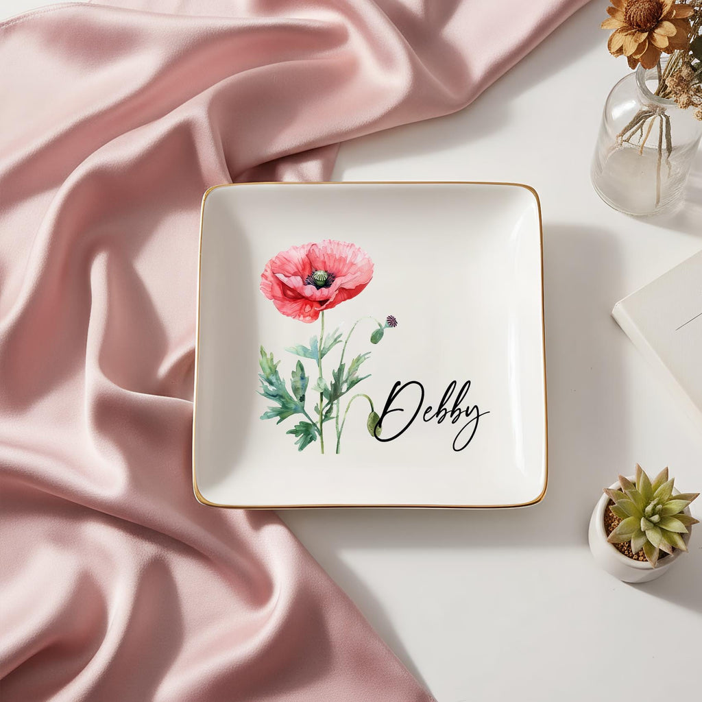 Personalized Birth Flower Trinket Dish, Custom Watercolor Flower Ring Dish, Wedding Bridesmaid Gift, Birthday Jewelry Dish, Christmas Gifts