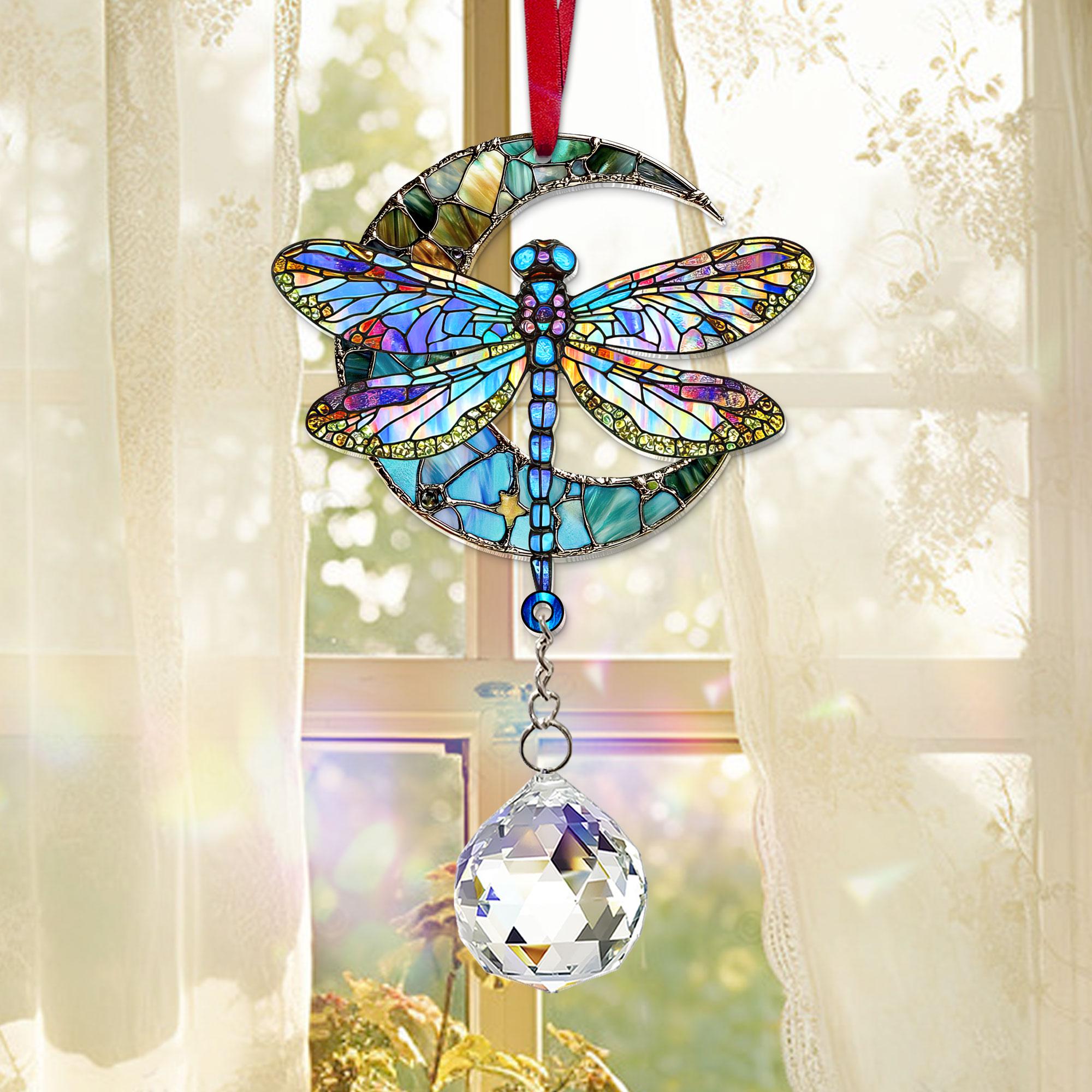 Dragonfly Acrylic Suncatcher With Crystal, Dragonfly Moon Window Hanging, Dragonfly Ornament, Dragonfly Gift, Gift for Mom, Garden Decor