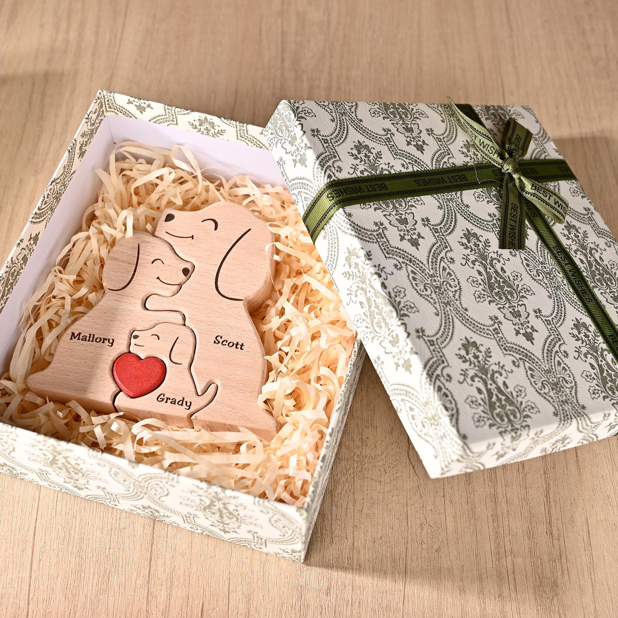 Personalized Wooden Dog Jigsaw Puzzle, Dog Family Figurines, Engraved Family Name Keepsake, Gift for Dog Lovers, Christmas Gift for Dog Mom