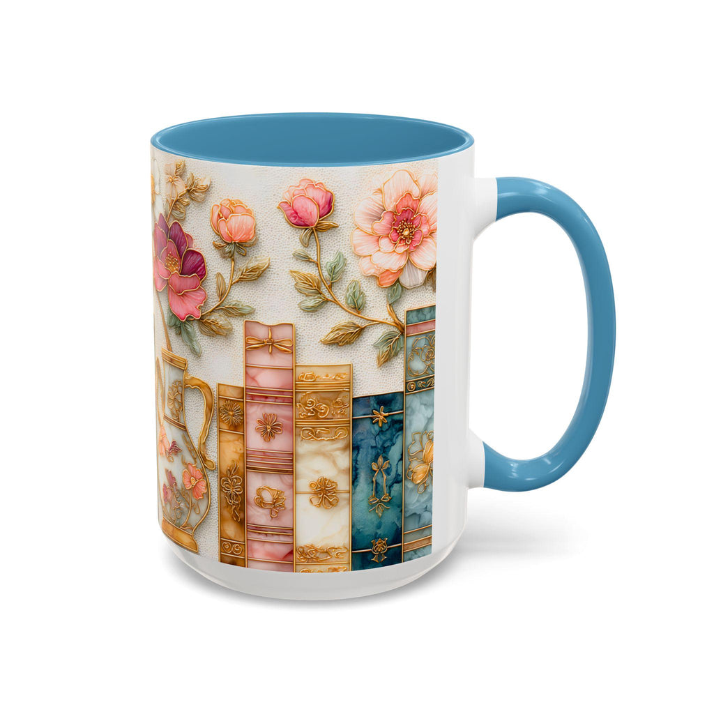 Book Lover Floral Bookshelf Coffee Mug, Stained Glass Style, Bookish Mom Gift