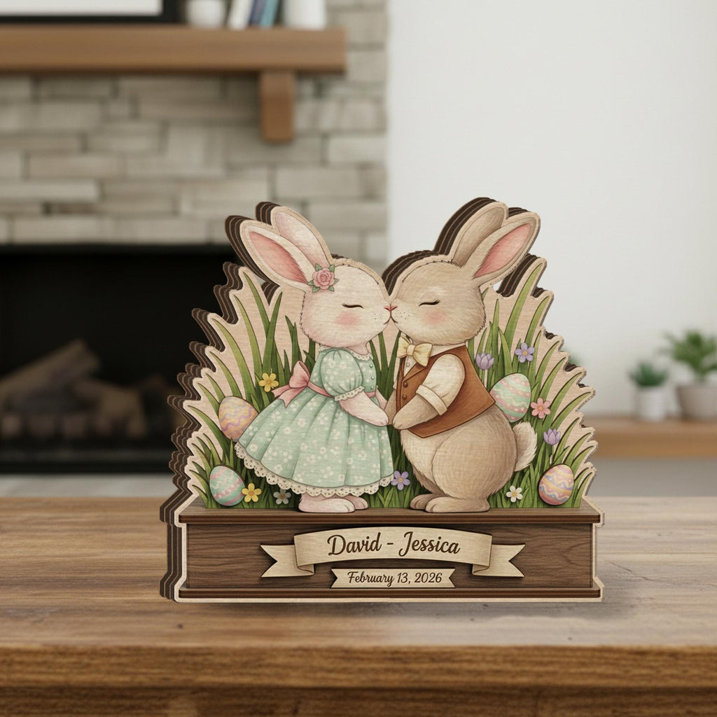 Personalized Wooden Block Easter Bunny Couple Decor, Layered Spring Rabbit Shelf Sign