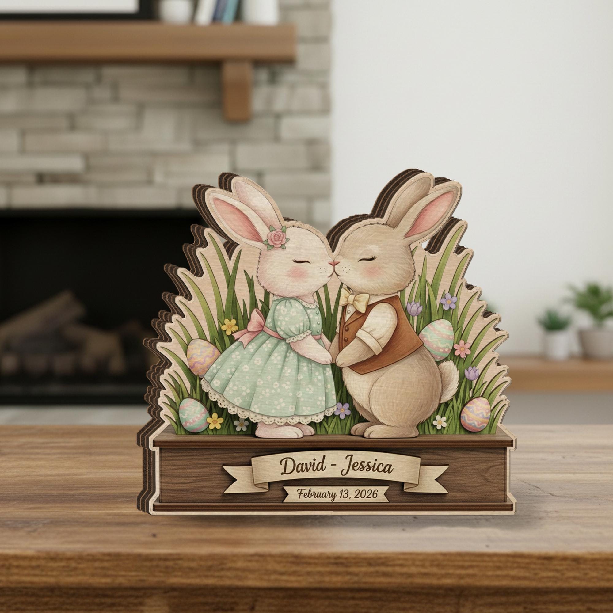 Personalized Wooden Block Easter Bunny Couple Decor, Layered Spring Rabbit Shelf Sign