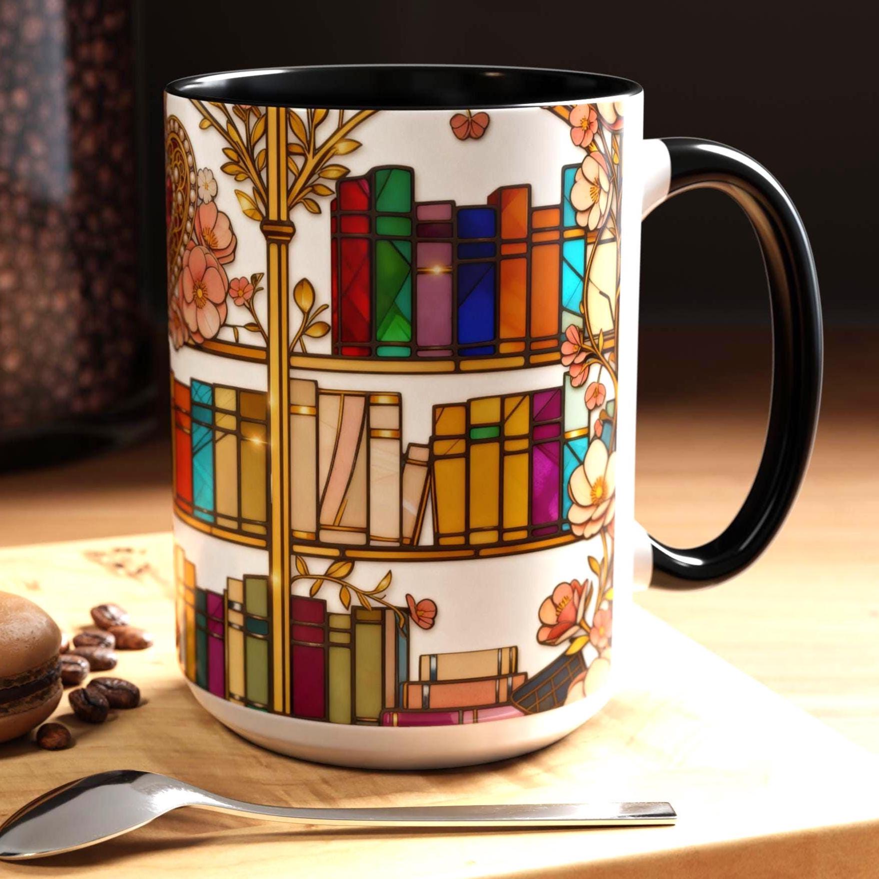 Stained Glass Bookshelf Mug, Romantic Floral Book Lover Coffee Cup, Luxury Reader Gift