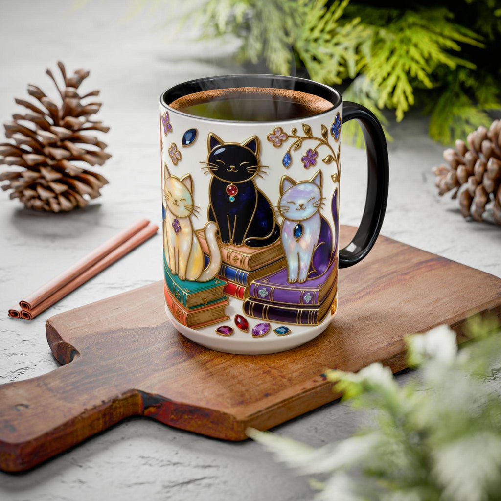 Stained Glass Style Cats Mug, Bookish Cat Art Mug, Jewel Tone Fantasy Cats Cup, Book Lover Mug 15oz, Premium Ceramic Mug – Everyday Use & Gift Idea