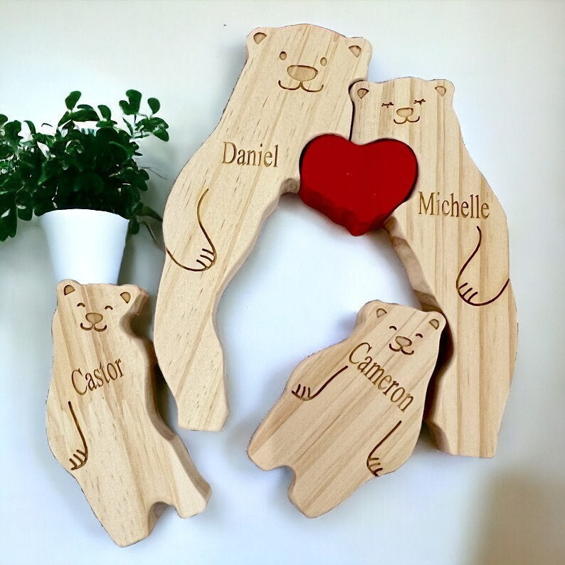 Personalised Wooden Bear Family Puzzle _ Custom Engraved Figurines _ Woodland Family Keepsake Gift for Mum, Dad & Kids, Rustic Home Decor