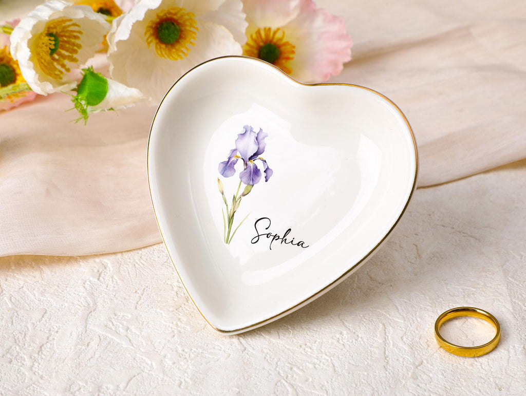 Personalized Birth Flower Jewelry Dish, Watercolor Flower Trinket Dish, Custom Ring Trinket Dish, Bridesmaid Gift, Birthday Gift for Her