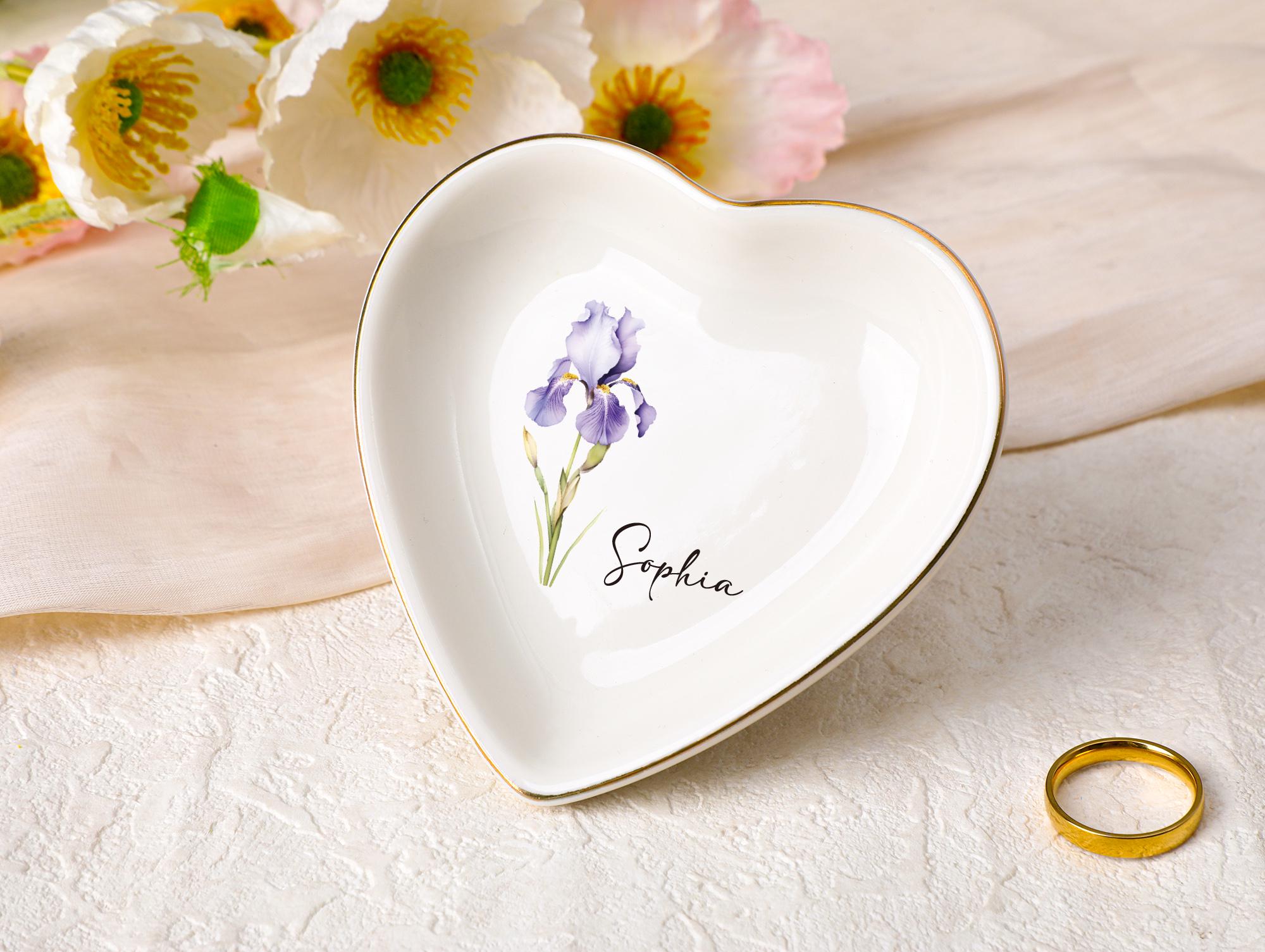 Personalized Birth Flower Jewelry Dish, Watercolor Flower Trinket Dish, Custom Ring Trinket Dish, Bridesmaid Gift, Birthday Gift for Her