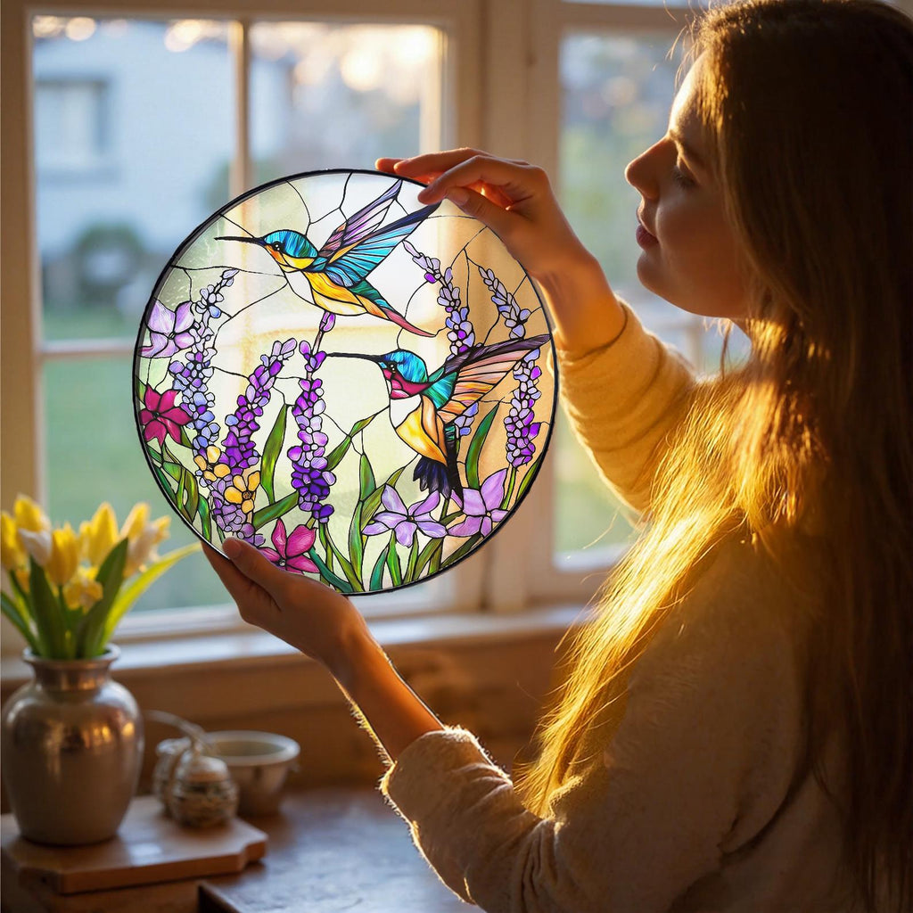 Hummingbird Stained Glass Suncatcher, Light-catching Window Hanging, Bird Glass Art, Gift for Mom or Grandma, Sympathy Memory Gift