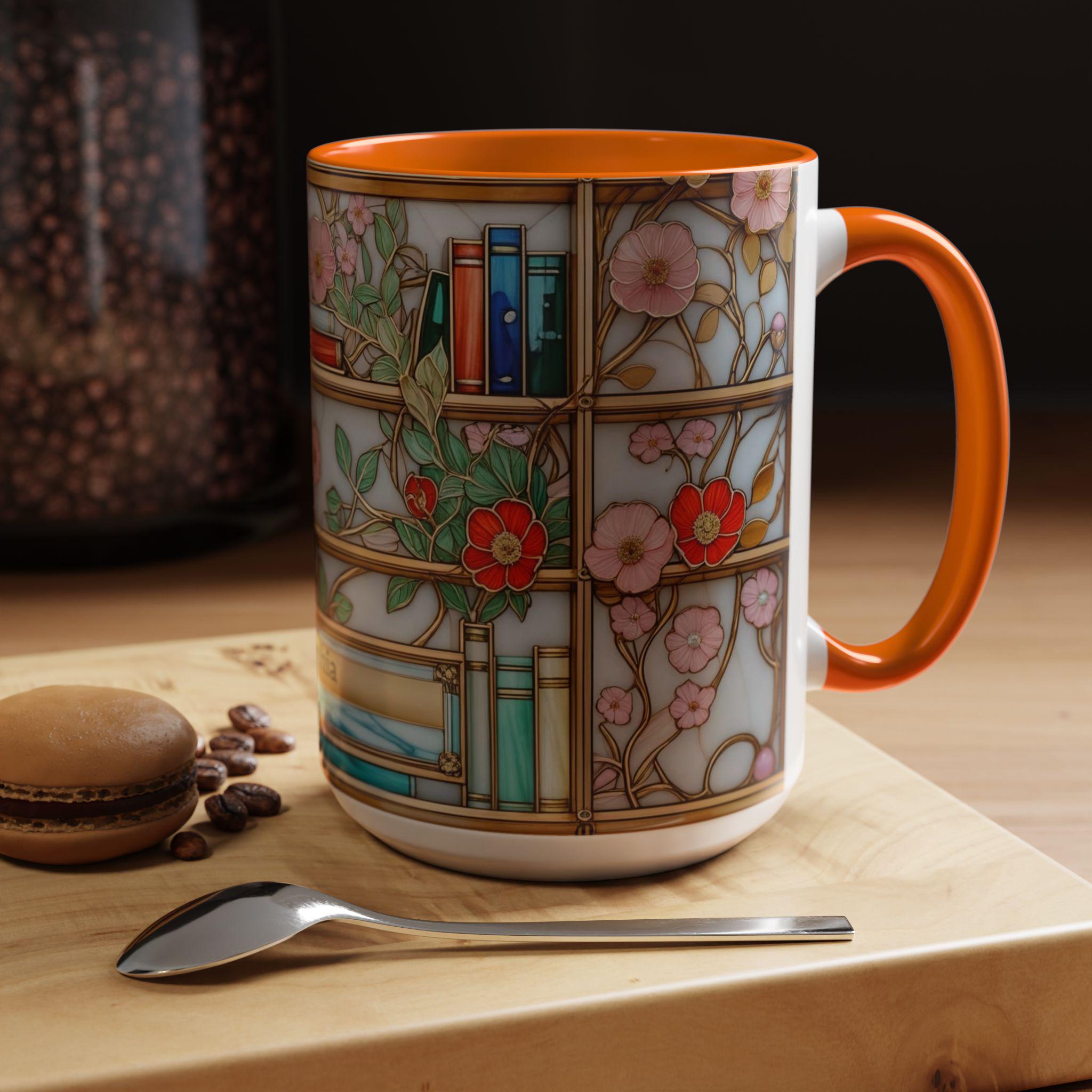 Stained Glass Bookshelf Mug, Floral Coffee Cup, Book Lover Gift, Creative Printed Mug – Simple, Elegant Design