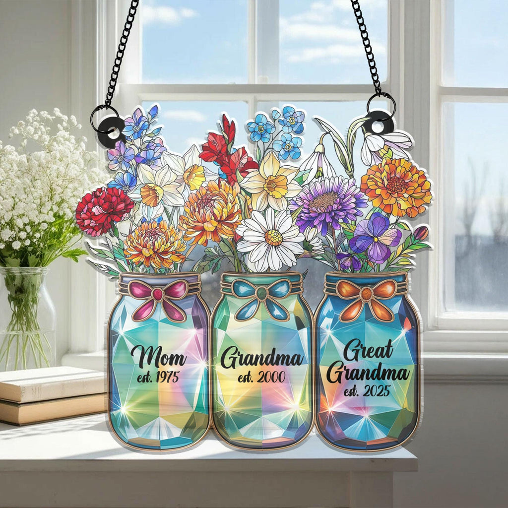 Personalized Grandma’s Garden Acrylic Suncatcher, Watering Can Floral Stained Glass Style, Custom Names Window Hanging Mother’s Day Gift
