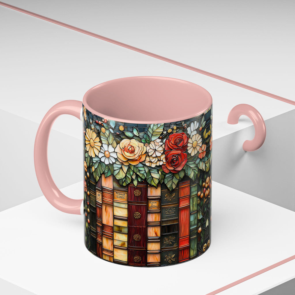 Floral Bookshelf Mug_ Faux Stained Glass Ceramic Coffee Cup Bookish Literature and Kitchen Booklover