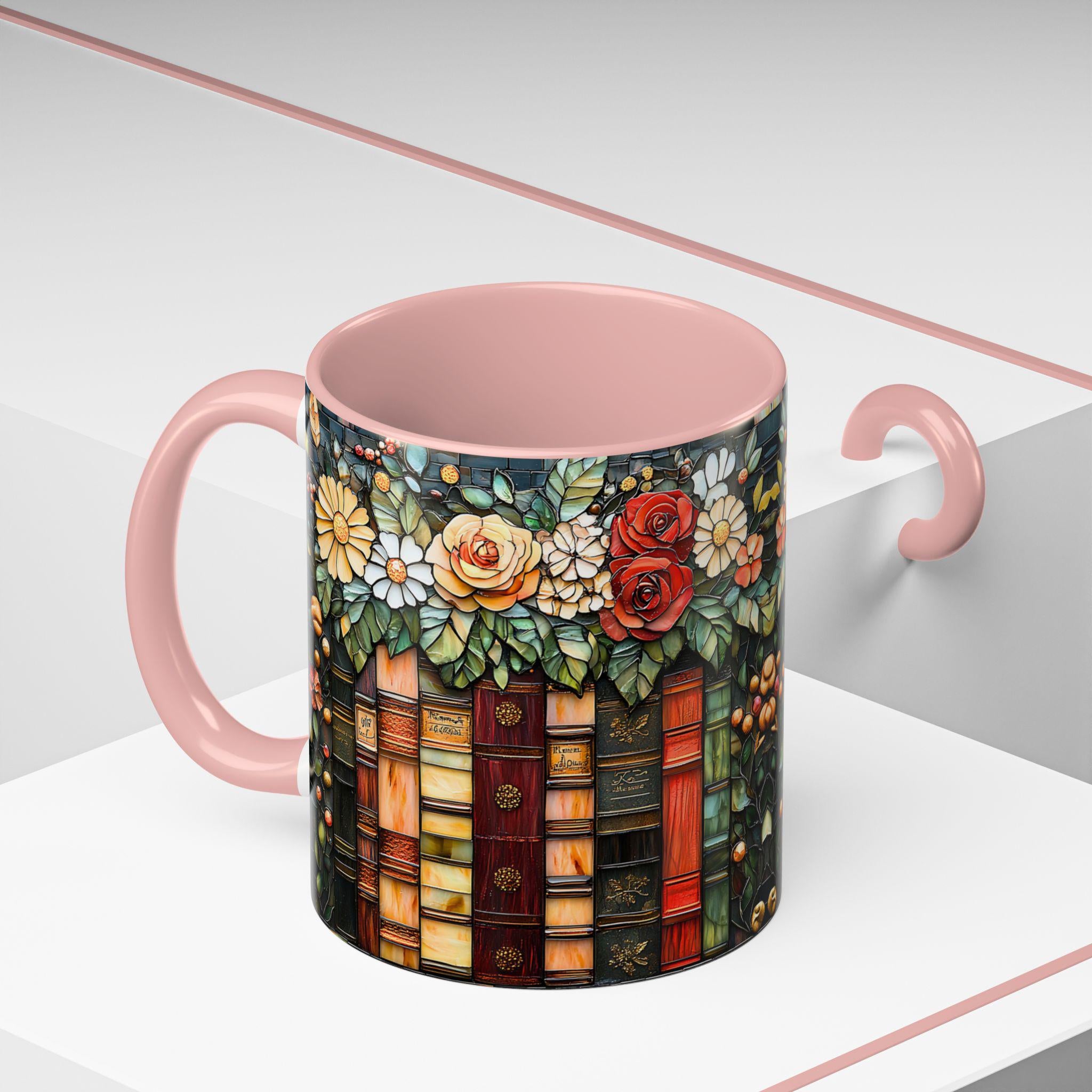 Floral Bookshelf Mug_ Faux Stained Glass Ceramic Coffee Cup Bookish Literature and Kitchen Booklover