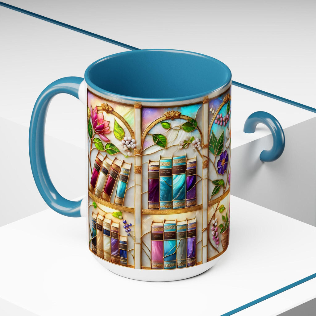 Floral Bookshelf Coffee Mug, Bookish Stained-glass Style Ceramic Mug, Book Lover Gift Mug 15oz