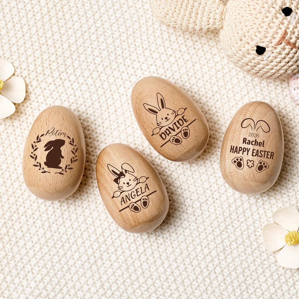 Personalized Wooden Easter Egg Shakers, Baby First Easter, Kids Easter Egg Hunt Gifts, Engraved Name, Montessori Toddler Toy, Baby Rattle