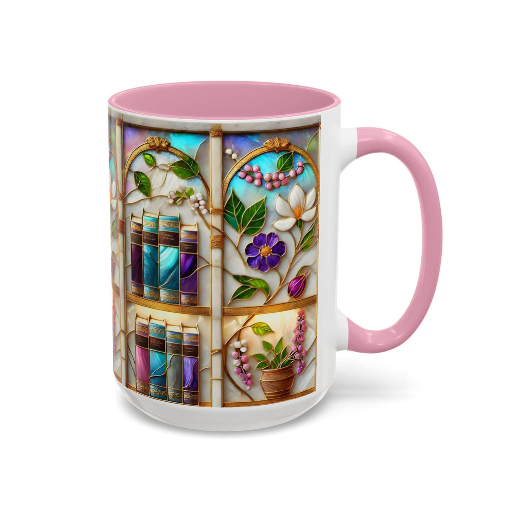 Floral Bookshelf Coffee Mug, Bookish Stained-glass Style Ceramic Mug, Book Lover Gift Mug 15oz