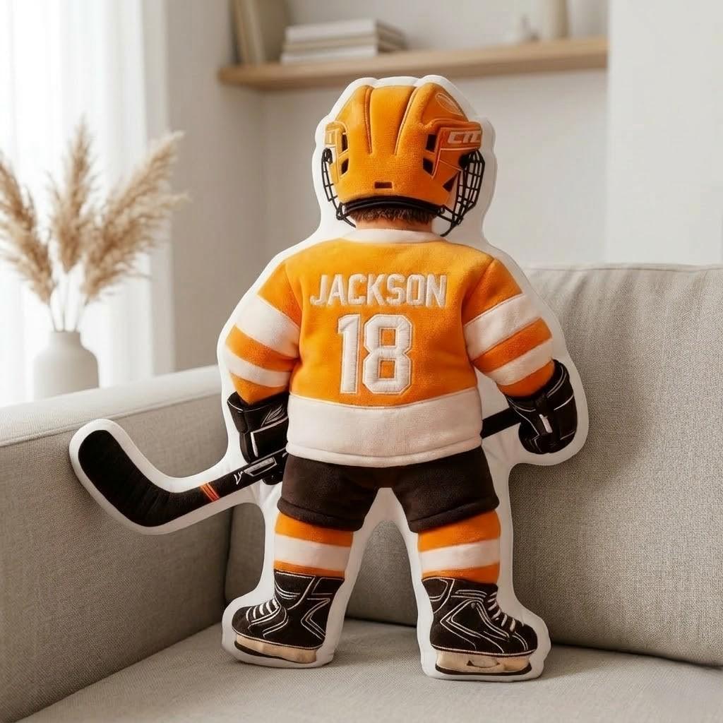 Personalized Hockey Player Pillow Custom Name Number Flat Printed 3D Look NOT Embossed Kids Sports Cushion Team Uniform Gift Room Decor