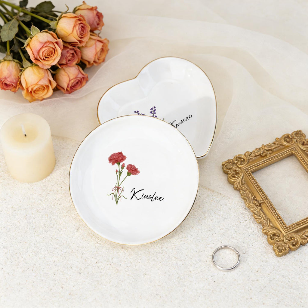 Personalized Birth Flower Trinket Dish, Custom Watercolor Flower Ring Dish, Wedding Bridesmaid Gift, Gift for Friends, Birthday Gift for Her