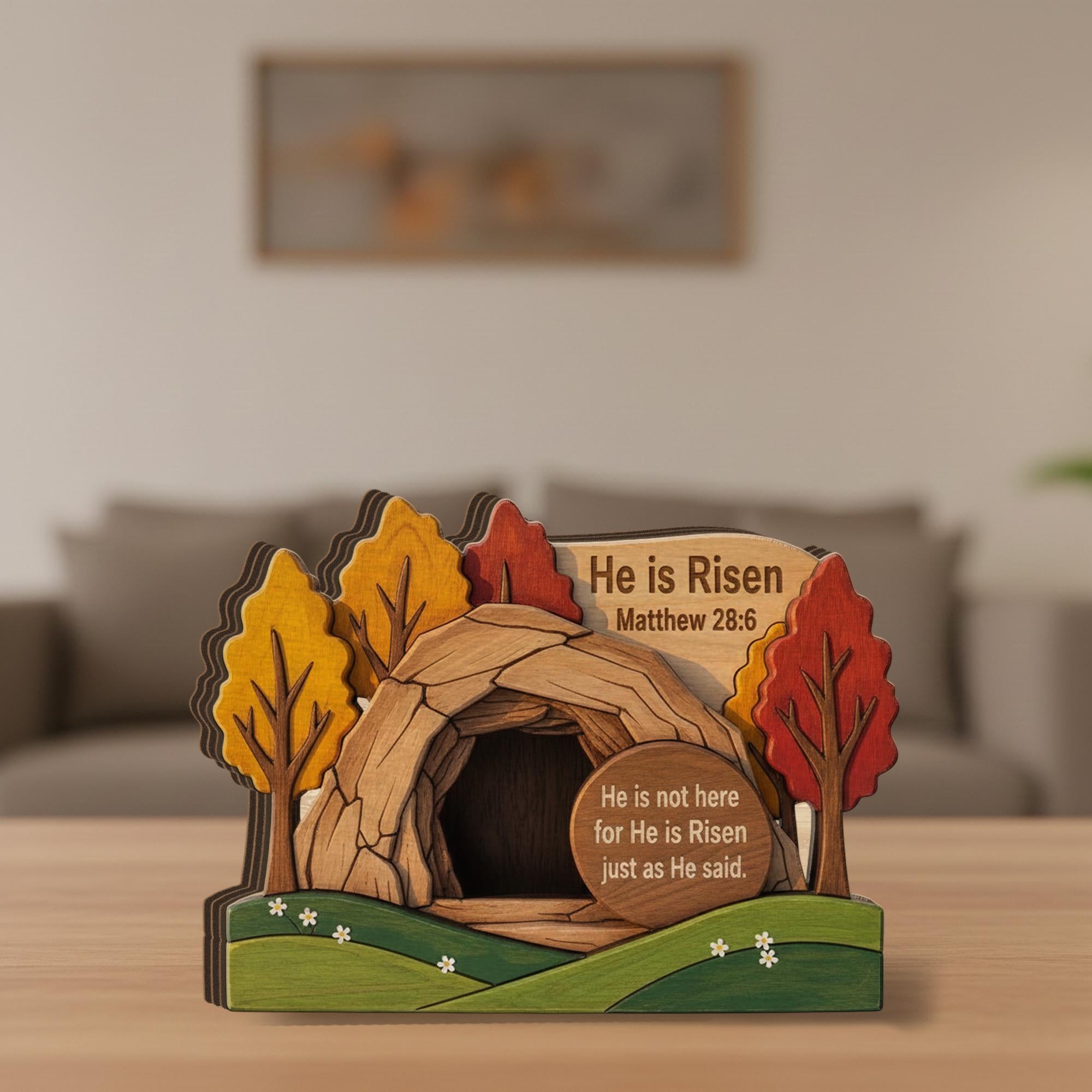 Wooden Block, 3 Layer Empty Tomb Scene, Matthew 28_6 Bible Verse Decor, He is Risen Wood Sign_ Jesus Resurrection Scene, Easter Decor