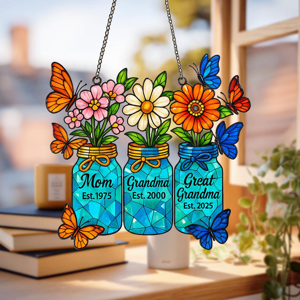 Generations Floral Jar Hologram Ornament _ Mom Grandma Great Grandma Gift _ Mother's Day Window Decor _ Family Legacy Keepsake, Gift for Her