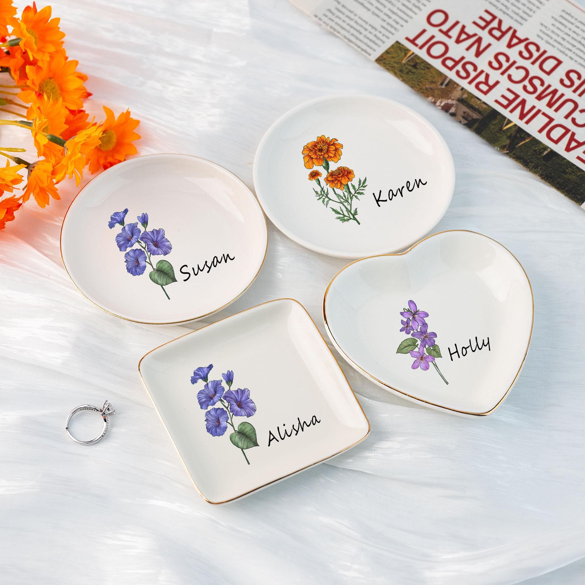 Custom Birth Flower Ceramic Jewelry Dish_ Personalized Name Trinket Dish