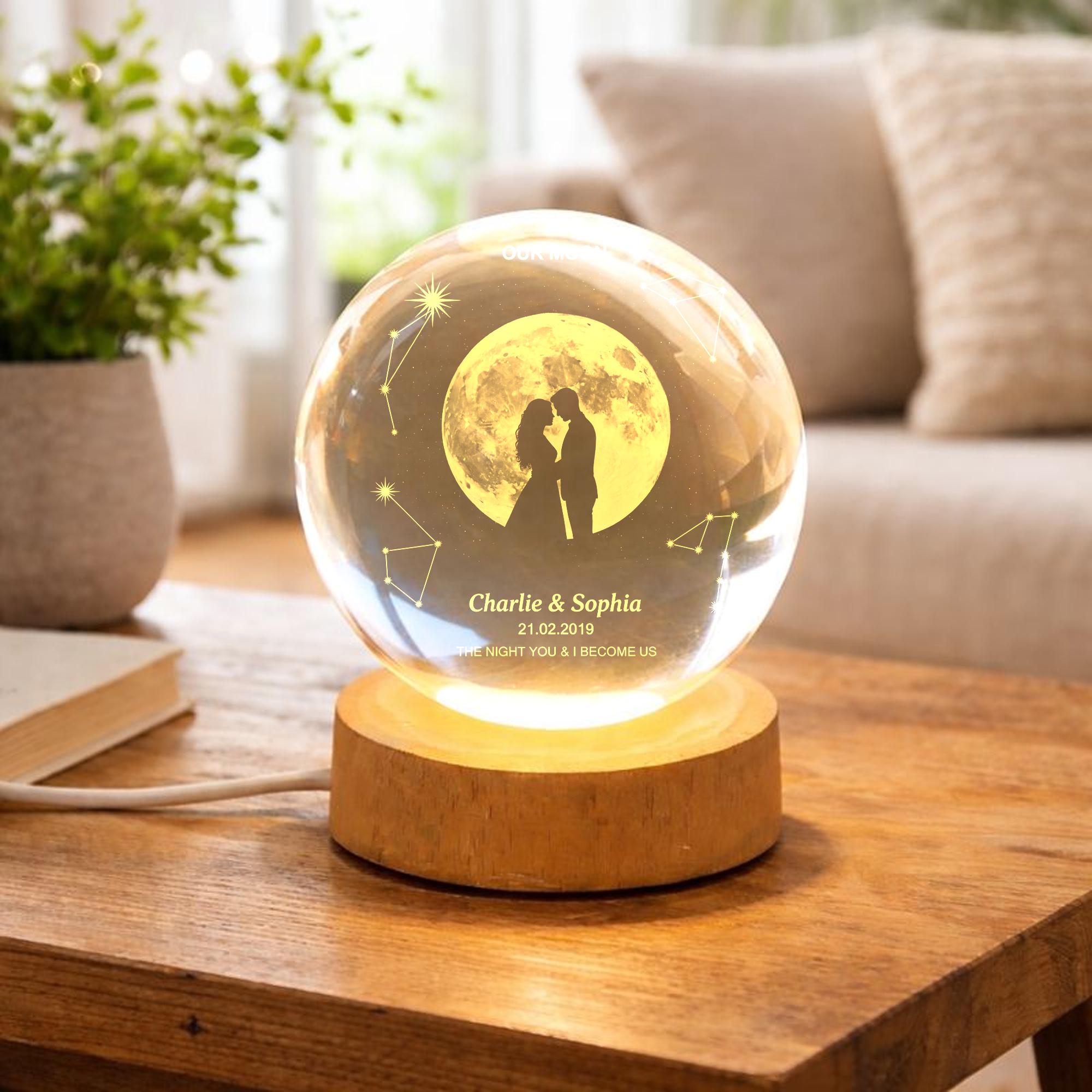 Our Moon Custom Moon Phase Light, Personalized Crystal Ball LED Night Light, Anniversary Gift for Couple, Valentine Gift for Husband Wife