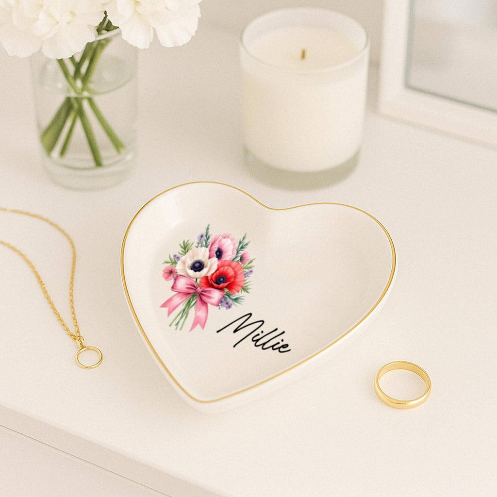 Personalized Birth Flower Ceramic Jewelry Dish_ Custom Trinket Tray, Custom Watercolor Flower Ring Dish, Wedding Bridesmaid Gift, Birthday Jewelry Dish, Christmas Gifts