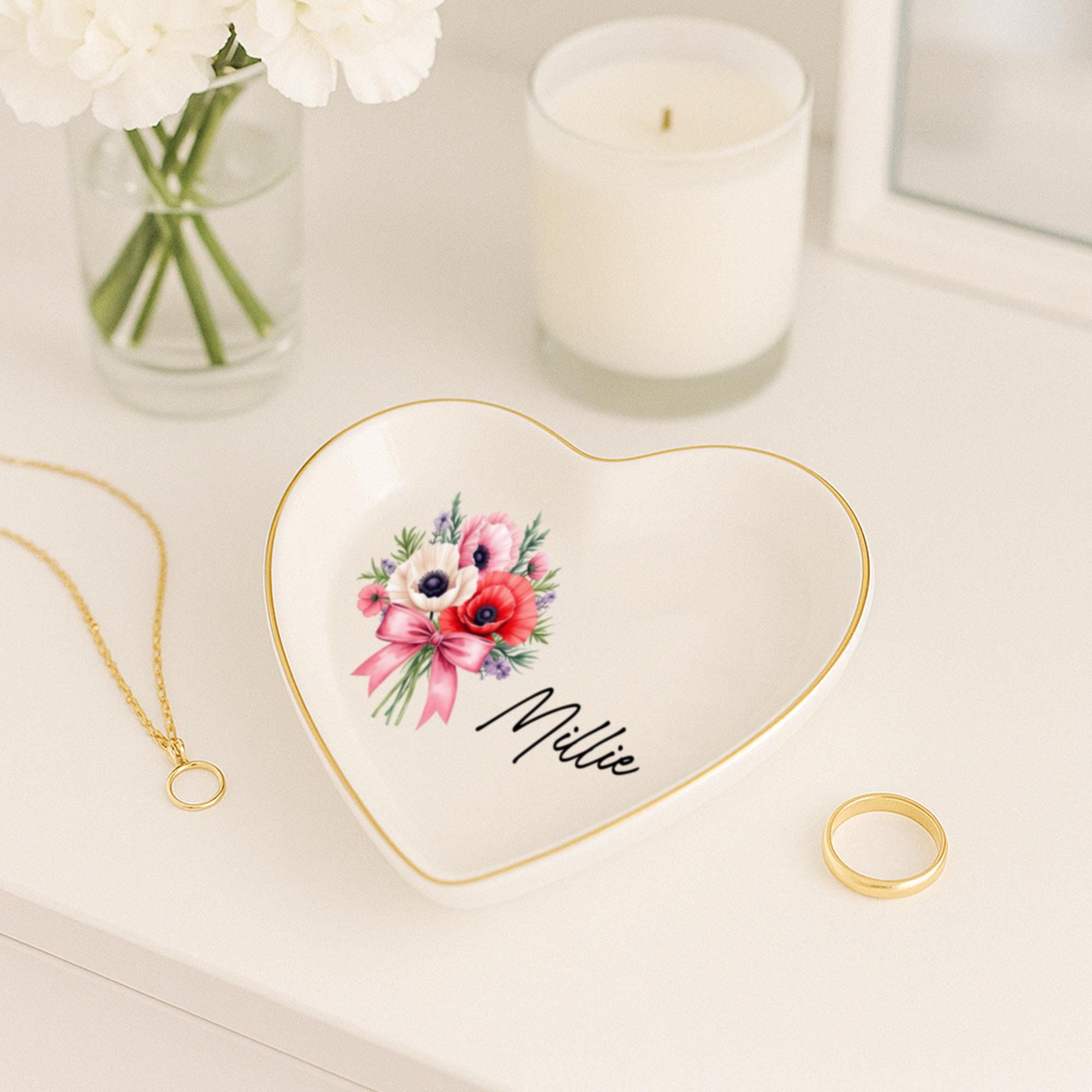 Personalized Birth Flower Ceramic Jewelry Dish_ Custom Trinket Tray, Custom Watercolor Flower Ring Dish, Wedding Bridesmaid Gift, Birthday Jewelry Dish, Christmas Gifts