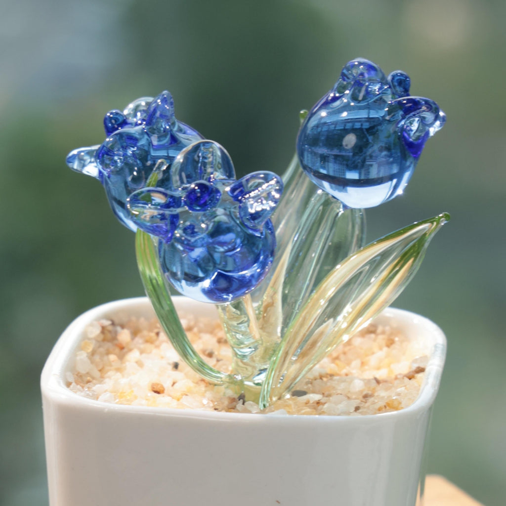 Hand Blown Glass Potted Plants – White, Pink & Blue Glass Tulip Figurines, Mini Flower Decor, Unique Handmade Gift
