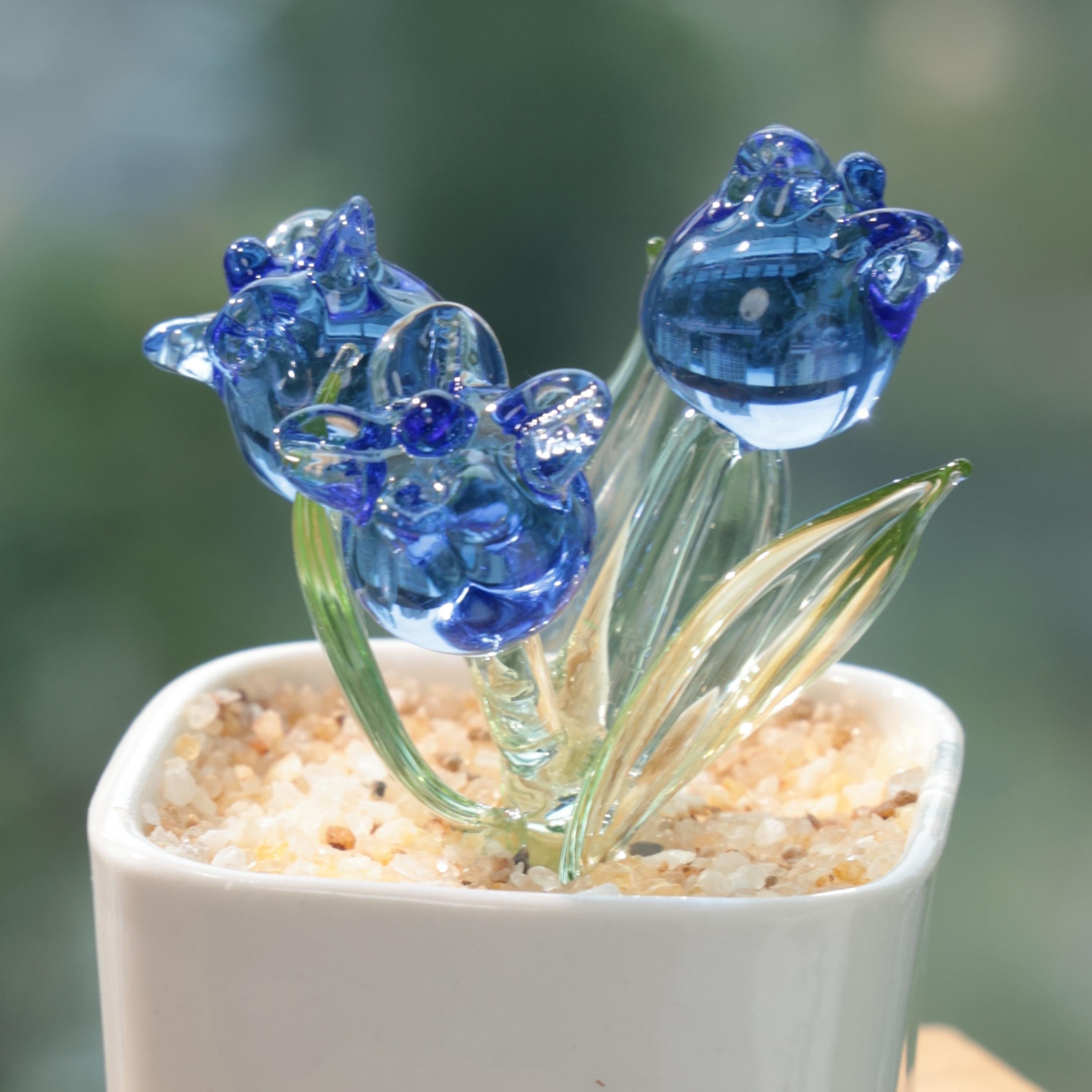 Hand Blown Glass Potted Plants – White, Pink & Blue Glass Tulip Figurines, Mini Flower Decor, Unique Handmade Gift