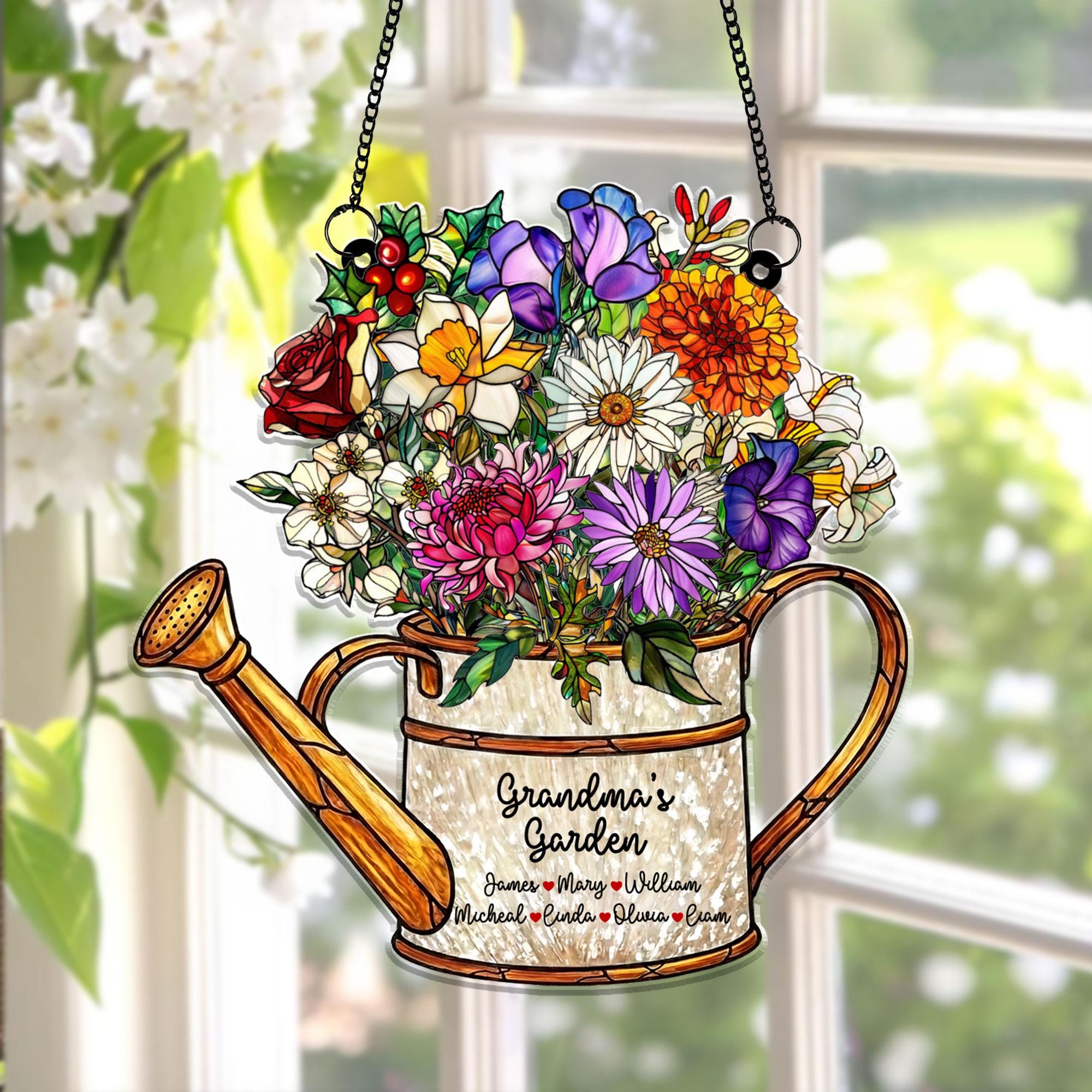 Personalized Grandma’s Garden Acrylic Suncatcher, Watering Can Floral Stained Glass Style, Custom Names Window Hanging Mother’s Day Gift