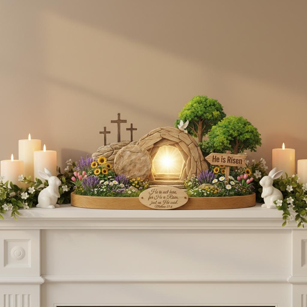 Flat He is Risen Wooden Block Easter Scene, Empty Tomb Decor With Scripture, Christian Resurrection Table Display